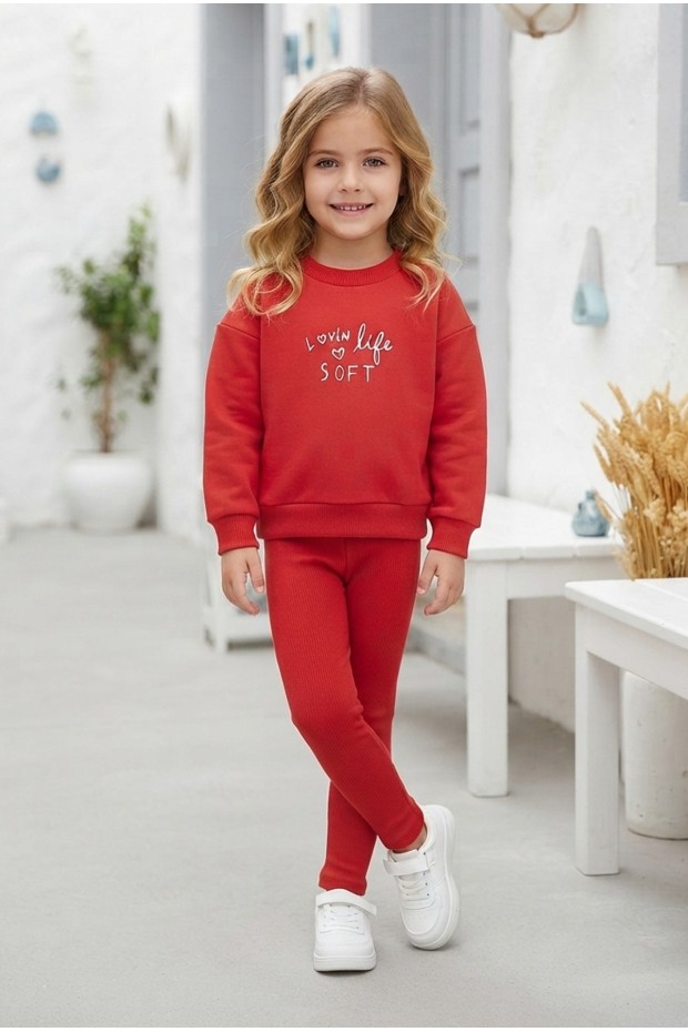 Kız Çocuk Lovin Life Soft Baskılı %100 Pamuk İki İplik Sweatshirt Ve Fitilli Tayt Takım