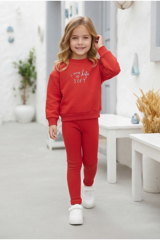 Kız Çocuk Lovin Life Soft Baskılı %100 Pamuk İki İplik Sweatshirt Ve Fitilli Tayt Takım