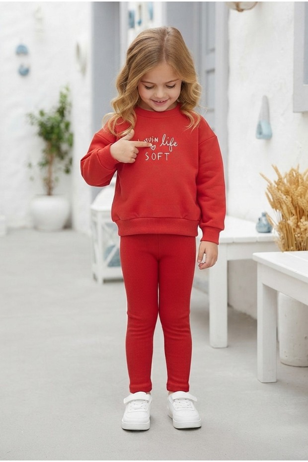 Kız Çocuk Lovin Life Soft Baskılı %100 Pamuk İki İplik Sweatshirt Ve Fitilli Tayt Takım