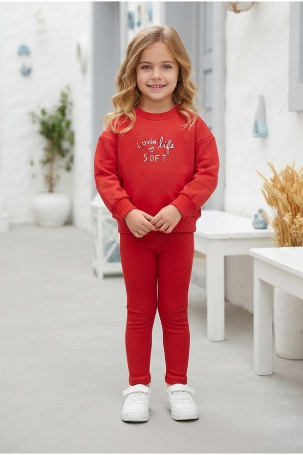 Kız Çocuk Lovin Life Soft Baskılı %100 Pamuk İki İplik Sweatshirt Ve Fitilli Tayt Takım