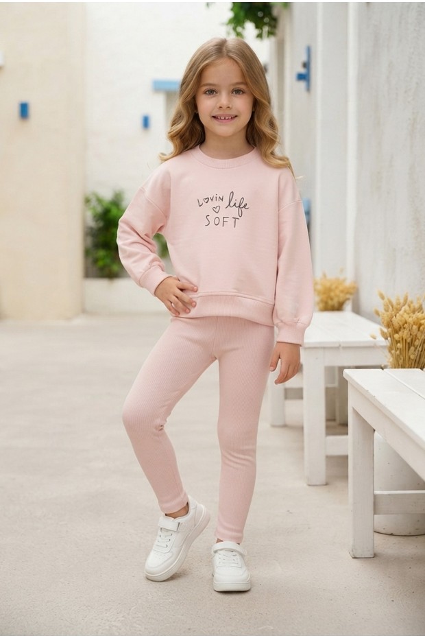 Kız Çocuk Lovin Life Soft Baskılı %100 Pamuk İki İplik Sweatshirt Ve Fitilli Tayt Takım