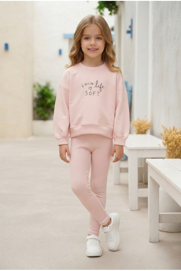 Kız Çocuk Lovin Life Soft Baskılı %100 Pamuk İki İplik Sweatshirt Ve Fitilli Tayt Takım