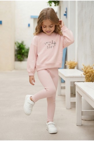 Kız Çocuk Lovin Life Soft Baskılı %100 Pamuk İki İplik Sweatshirt Ve Fitilli Tayt Takım