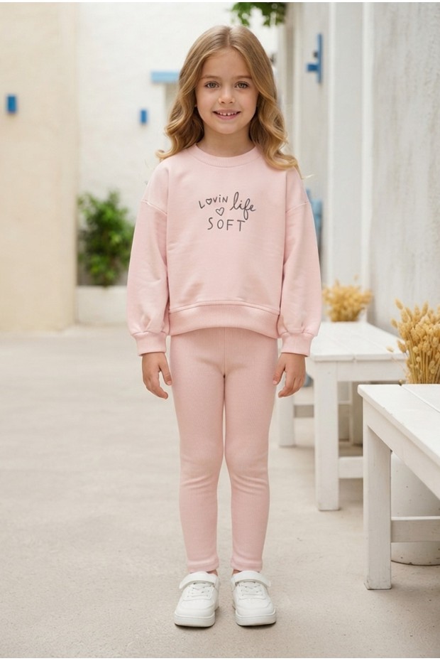 Kız Çocuk Lovin Life Soft Baskılı %100 Pamuk İki İplik Sweatshirt Ve Fitilli Tayt Takım