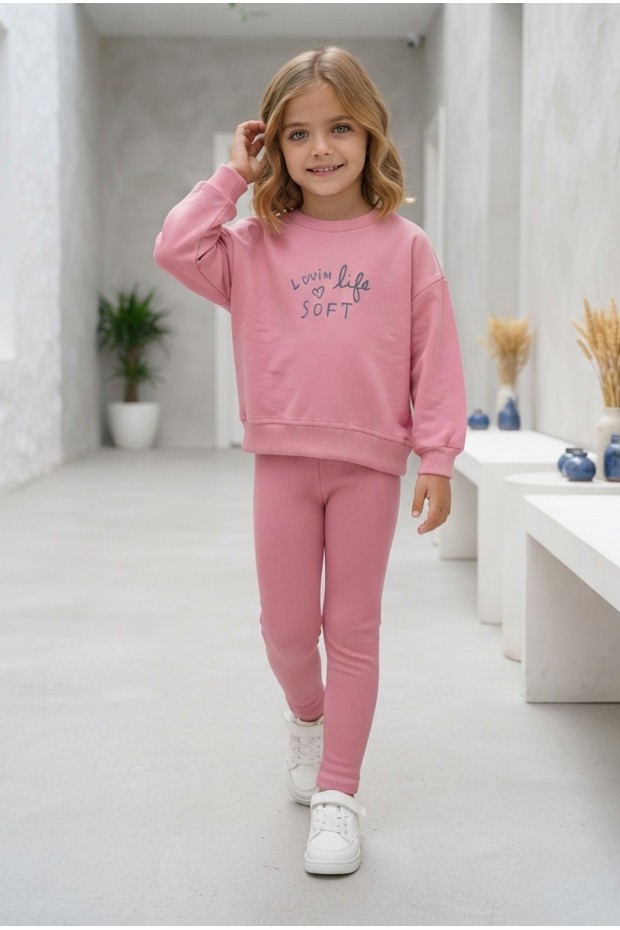 Kız Çocuk Lovin Life Soft Baskılı %100 Pamuk İki İplik Sweatshirt Ve Fitilli Tayt Takım