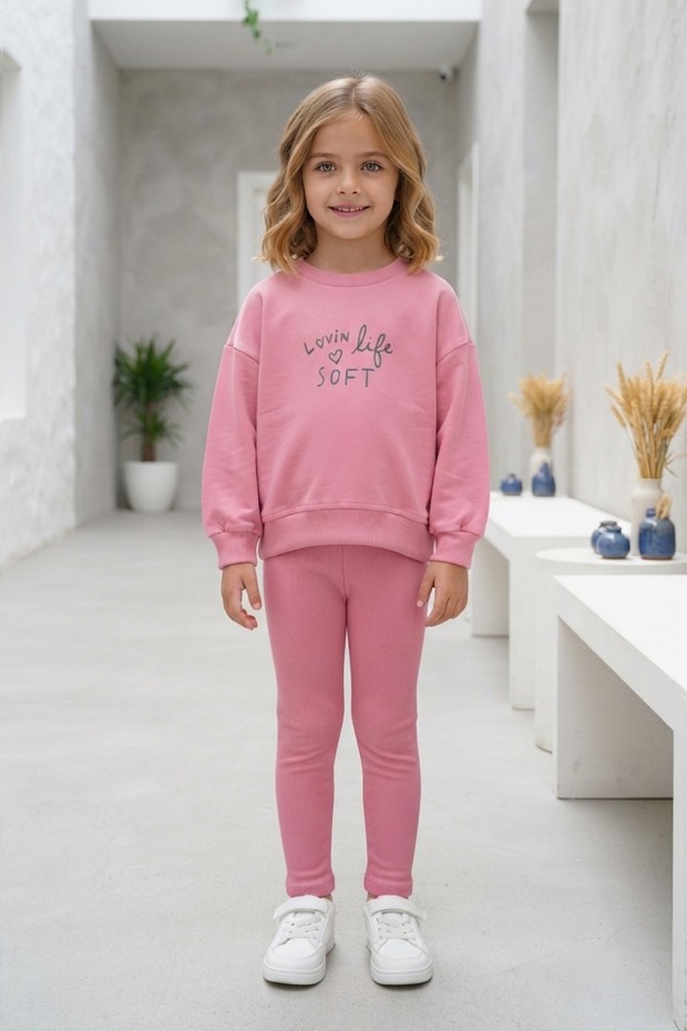 Kız Çocuk Lovin Life Soft Baskılı %100 Pamuk İki İplik Sweatshirt Ve Fitilli Tayt Takım