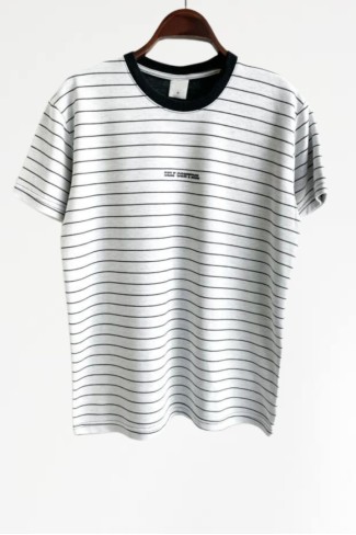 Çizgili Sıfır Yaka Oversıze Gri Tişört