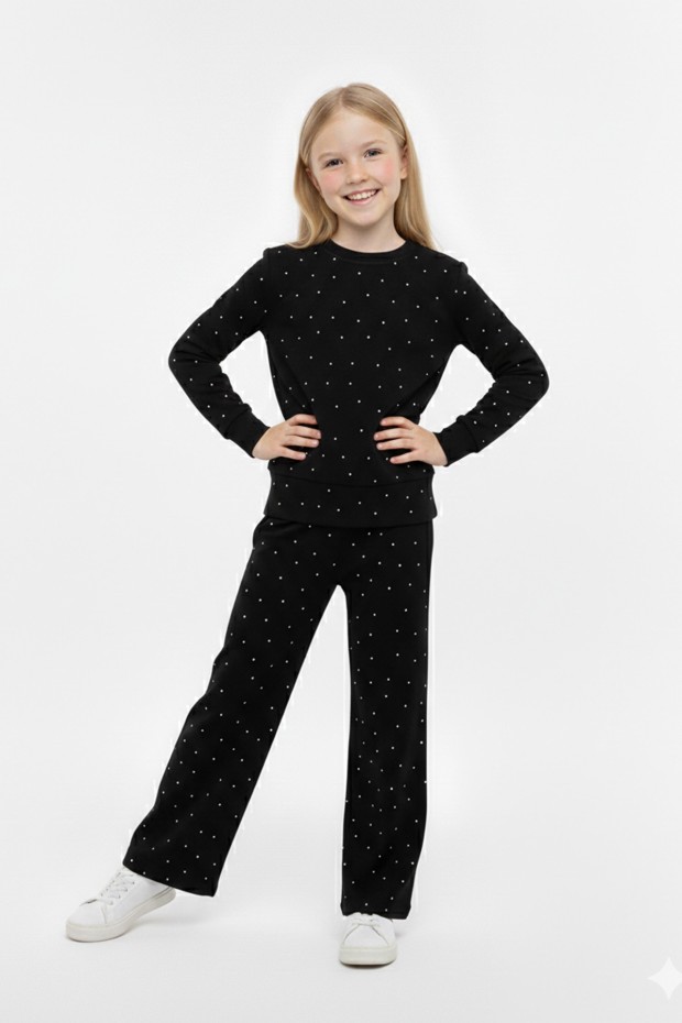 Kız Çocuk Parlak Taş İşlemeli Uzun Kollu Sweatshirt Ve Geniş Paça Takım