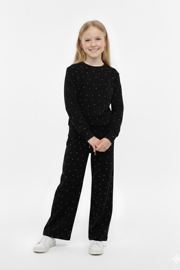 Kız Çocuk Parlak Taş İşlemeli Uzun Kollu Sweatshirt Ve Geniş Paça Takım