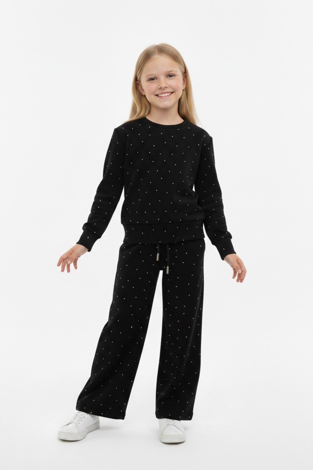 Kız Çocuk Parlak Taş İşlemeli Uzun Kollu Sweatshirt Ve Geniş Paça Takım