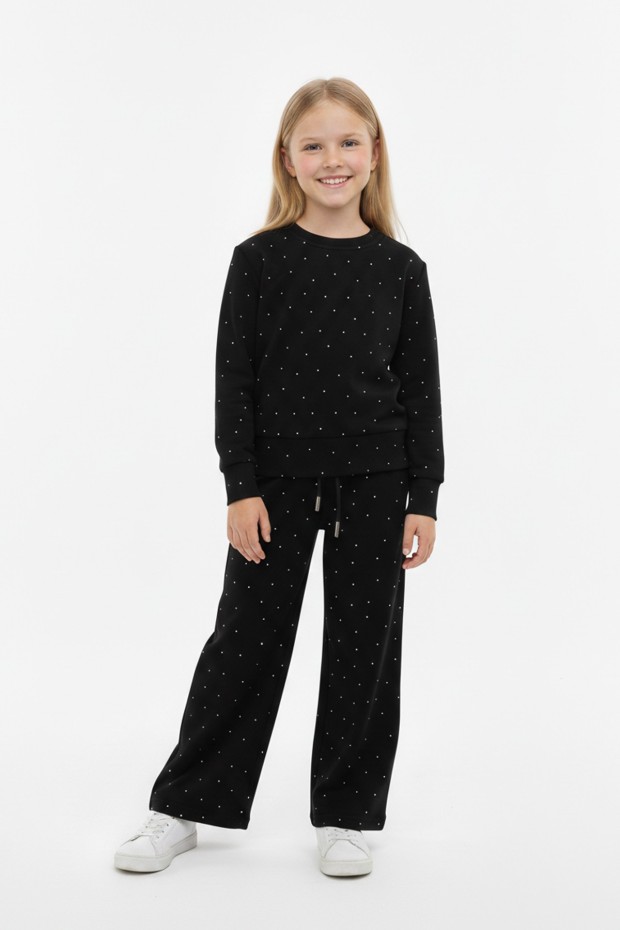 Kız Çocuk Parlak Taş İşlemeli Uzun Kollu Sweatshirt Ve Geniş Paça Takım