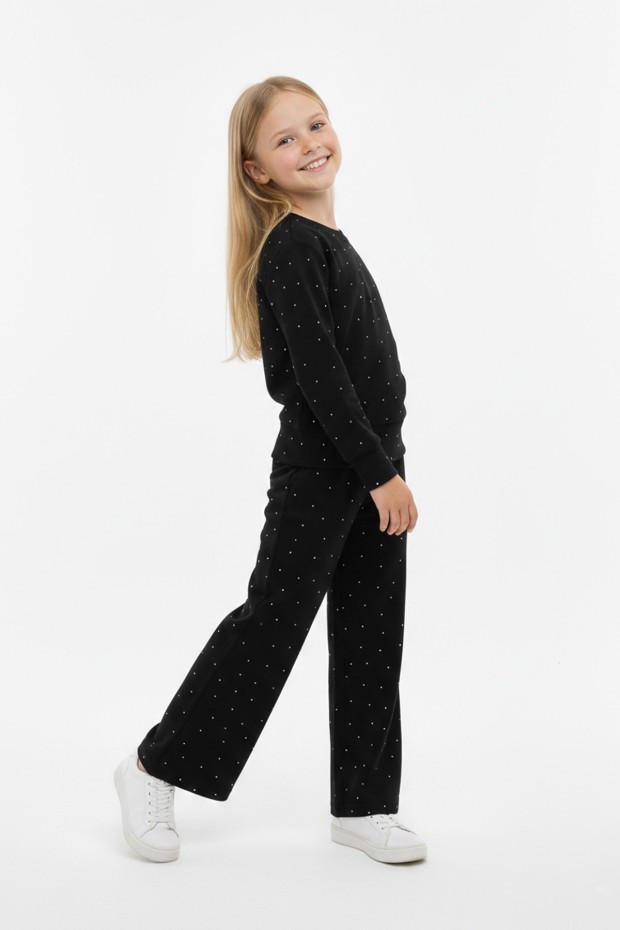 Kız Çocuk Parlak Taş İşlemeli Uzun Kollu Sweatshirt Ve Geniş Paça Takım