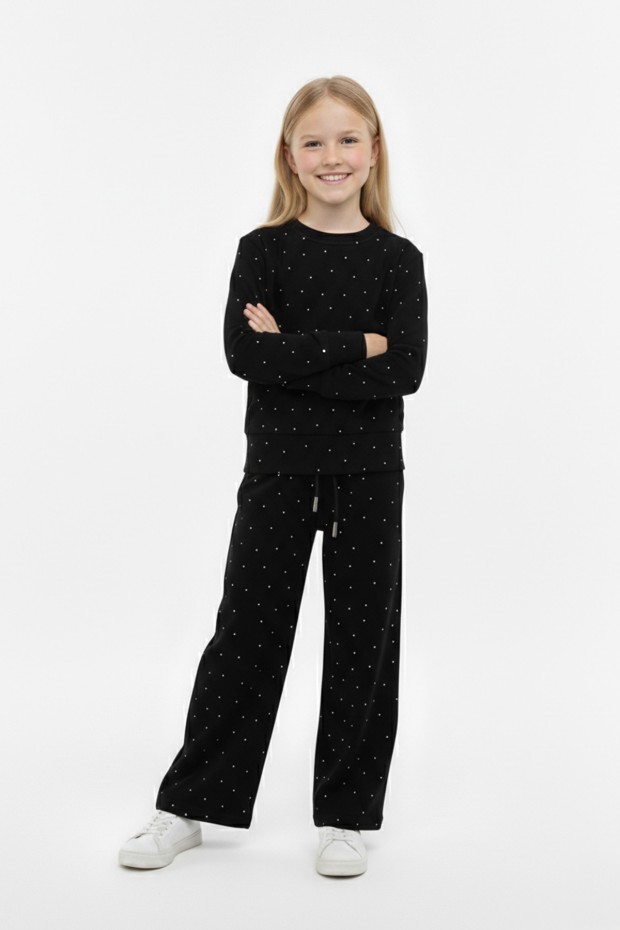 Kız Çocuk Parlak Taş İşlemeli Uzun Kollu Sweatshirt Ve Geniş Paça Takım