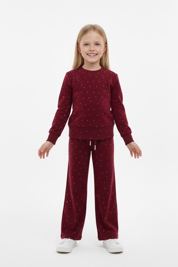 Kız Çocuk Parlak Taş İşlemeli Uzun Kollu Sweatshirt Ve Geniş Paça Takım