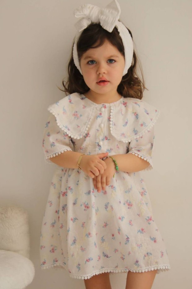 2-8 Yaş Bebe Yaka Desenli Mavi Elbise