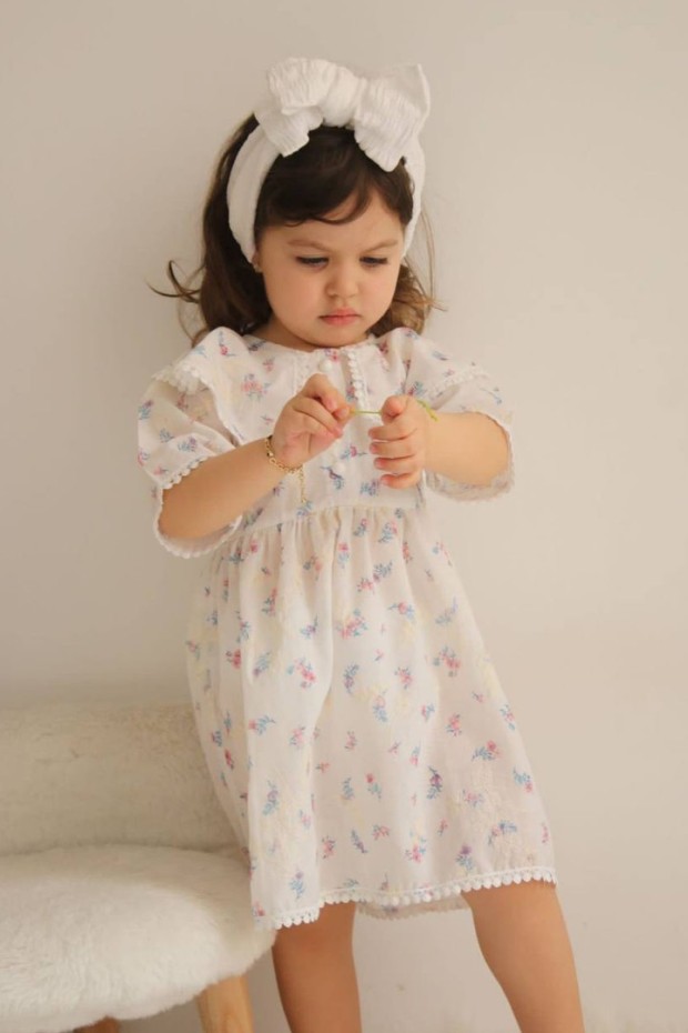 2-8 Yaş Bebe Yaka Desenli Mavi Elbise