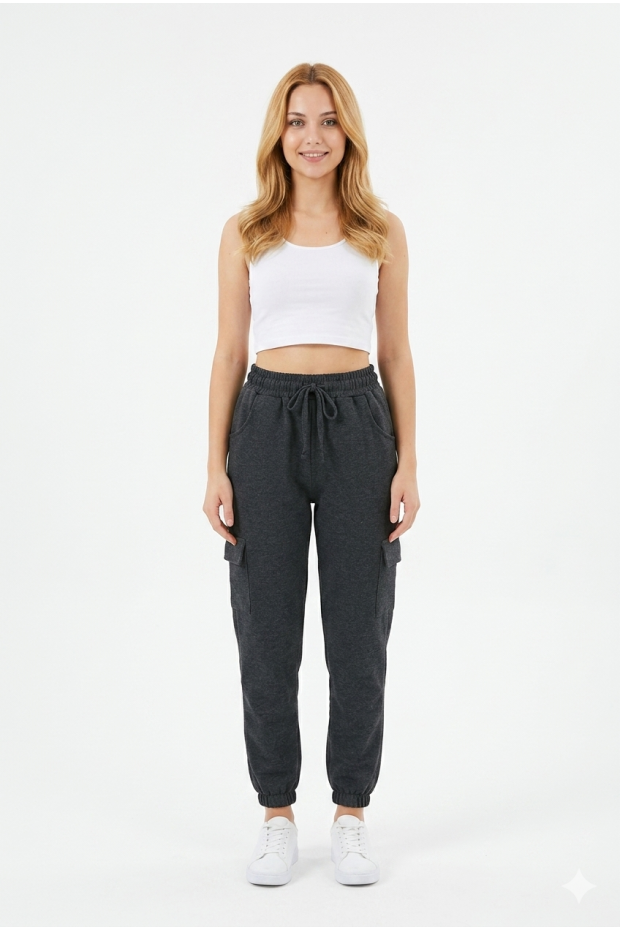 Kadın Şeritli Kargo Cepli Rahat Kesim Lastik Paçalı Günlük Spor Alt Eşofman