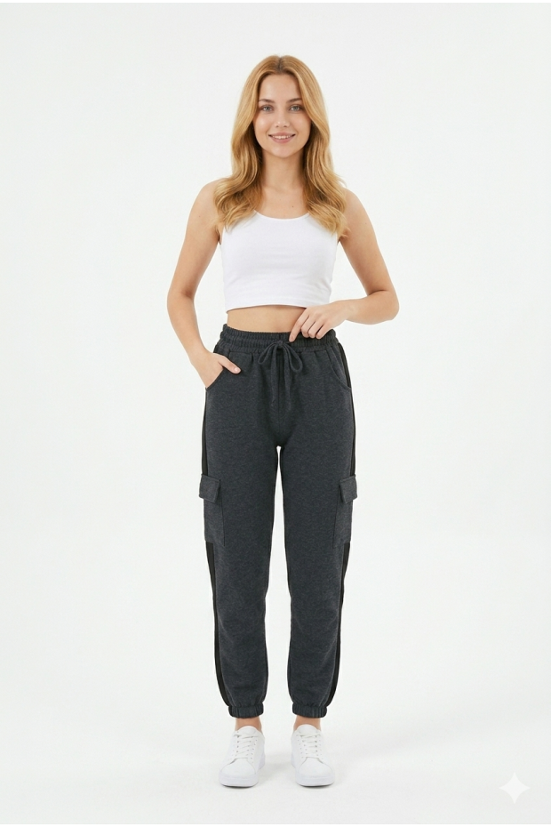 Kadın Şeritli Kargo Cepli Rahat Kesim Lastik Paçalı Günlük Spor Alt Eşofman