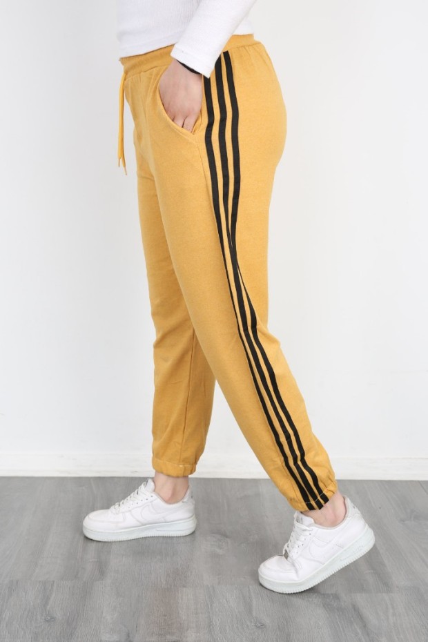 2 İplik Üç Çizgili Hardal Altı Eşofman 