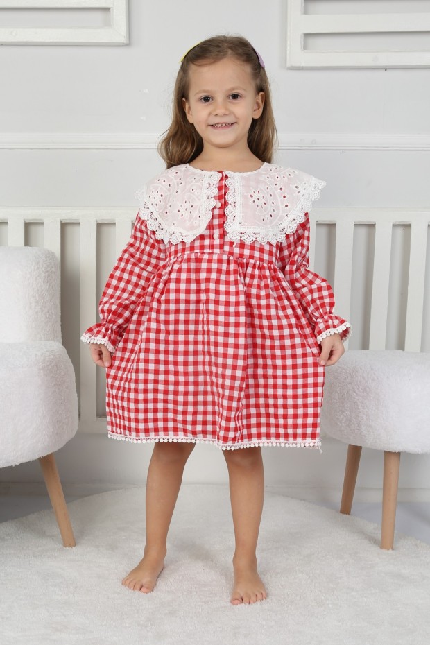 2-8 Yaş Bebe Yaka Pitikareli Kırmızı Elbise