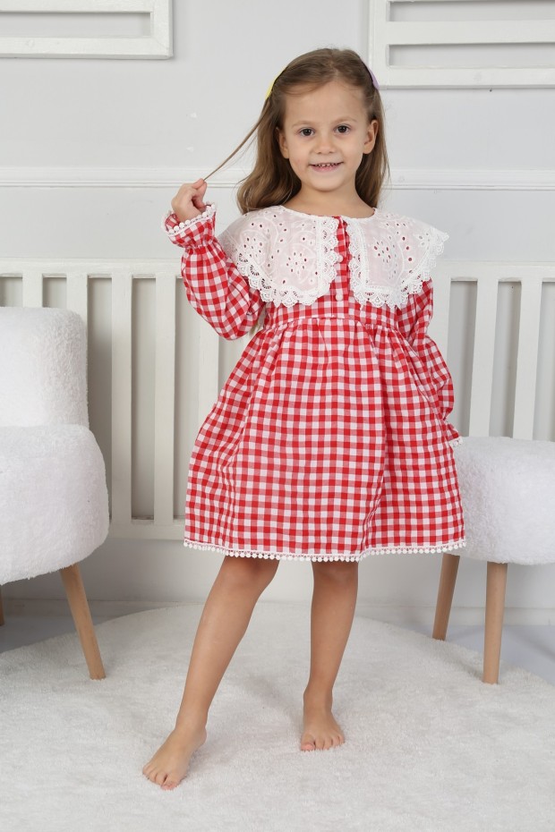 2-8 Yaş Bebe Yaka Pitikareli Kırmızı Elbise