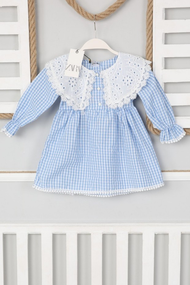 2-8 Yaş Bebe Yaka Pitikareli Mavi Elbise