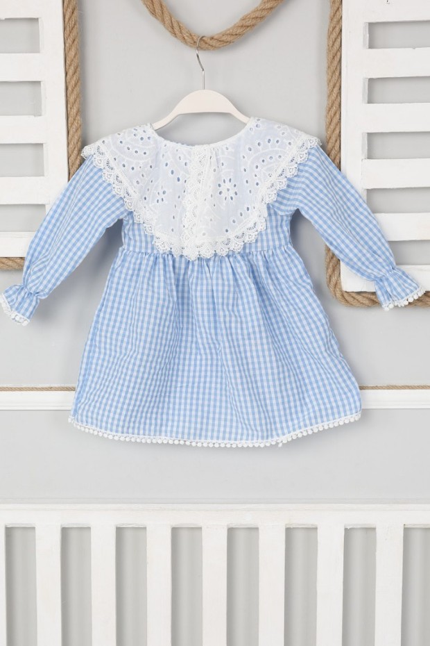 2-8 Yaş Bebe Yaka Pitikareli Mavi Elbise