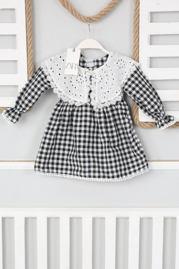 2-8 Yaş Bebe Yaka Pitikareli Siyah Elbise