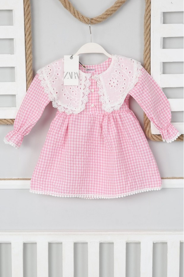 2-8 Yaş Bebe Yaka Pitikareli Pudra Elbise