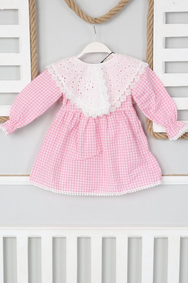 2-8 Yaş Bebe Yaka Pitikareli Pudra Elbise