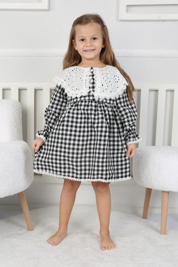 2-8 Yaş Bebe Yaka Pitikareli Siyah Elbise