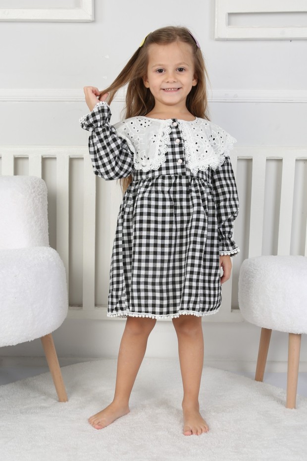 2-8 Yaş Bebe Yaka Pitikareli Siyah Elbise