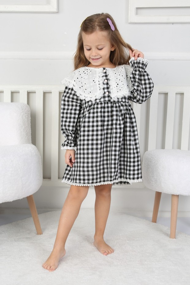 2-8 Yaş Bebe Yaka Pitikareli Siyah Elbise