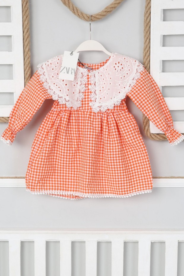 2-8 Yaş Bebe Yaka Pitikareli Turuncu Elbise