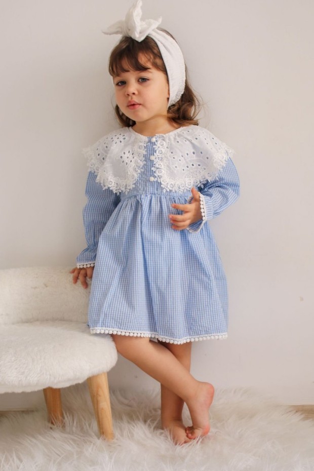 2-8 Yaş Bebe Yaka Pitikareli Mavi Elbise