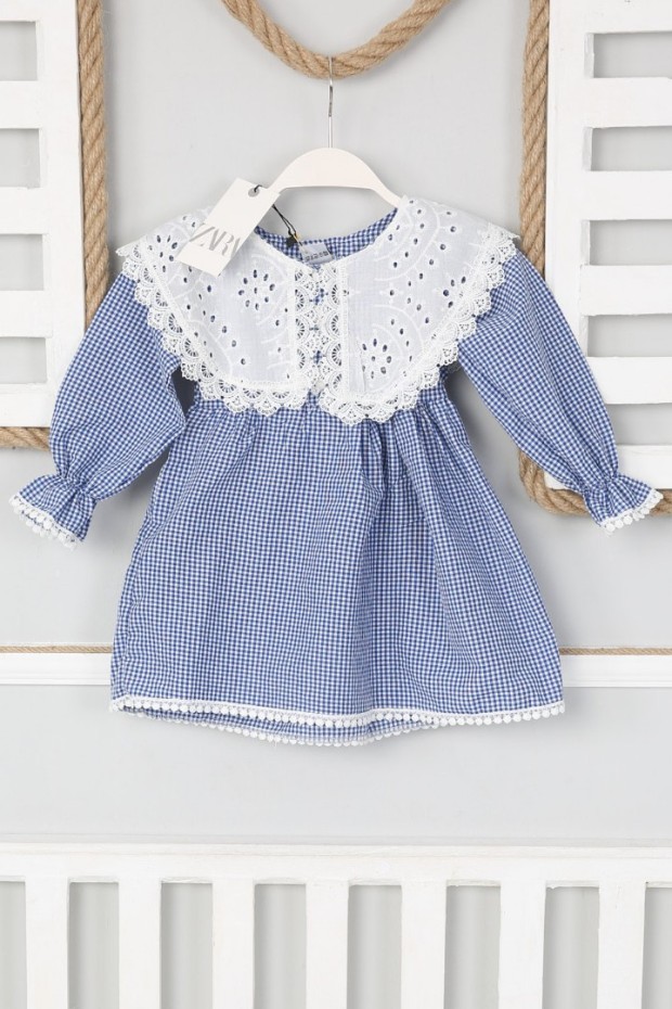 2-8 Yaş Bebe Yaka Pitikareli Saks Elbise