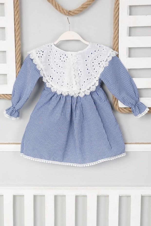 2-8 Yaş Bebe Yaka Pitikareli Saks Elbise