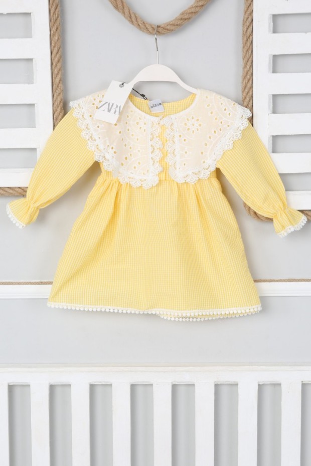 2-8 Yaş Bebe Yaka Pitikareli Sarı Elbise