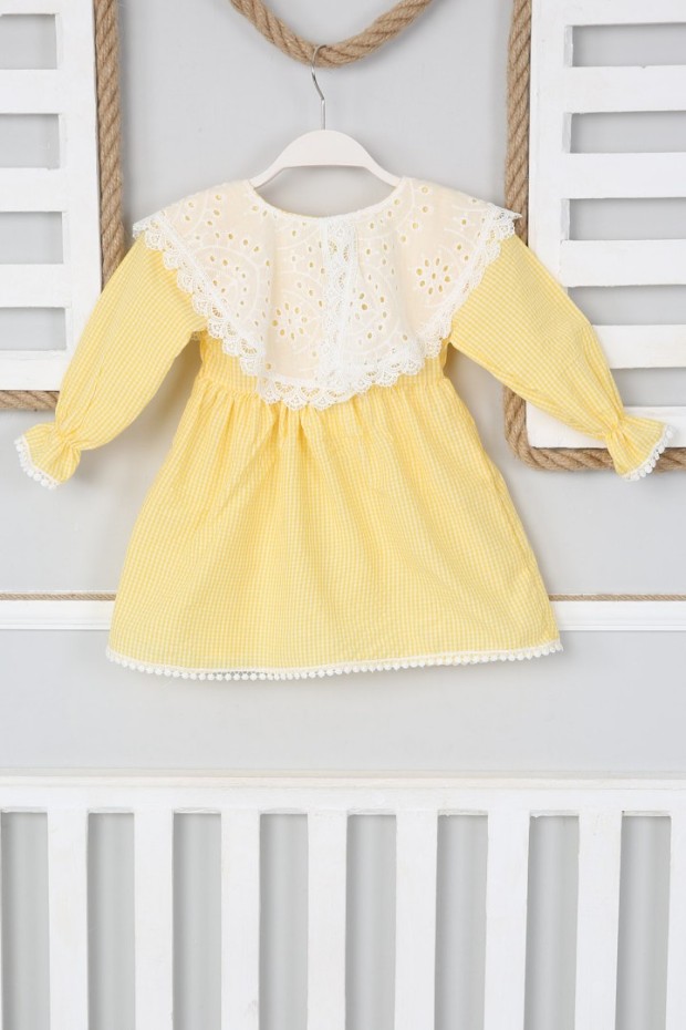 2-8 Yaş Bebe Yaka Pitikareli Sarı Elbise