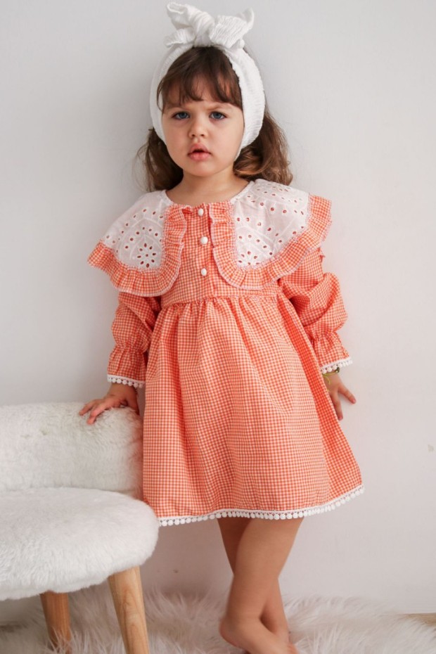 2-8 Yaş Bebe Yaka Pitikareli Turuncu Elbise