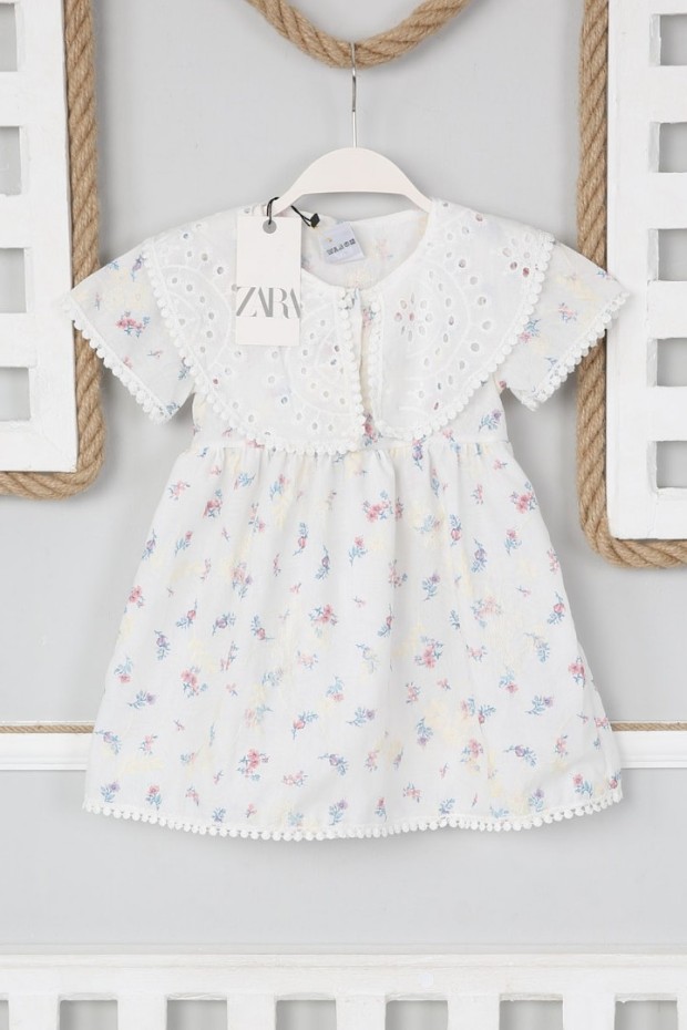 2-8 Yaş Bebe Yaka Desenli Mavi Elbise