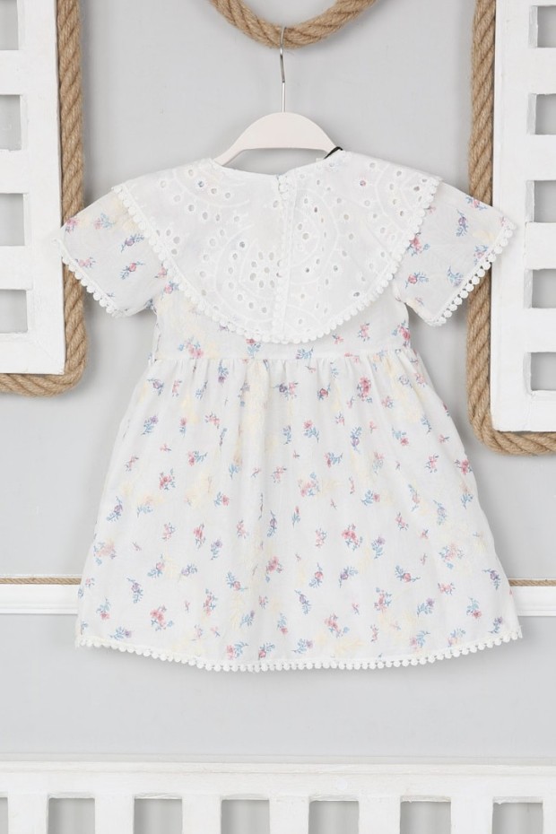 2-8 Yaş Bebe Yaka Desenli Mavi Elbise