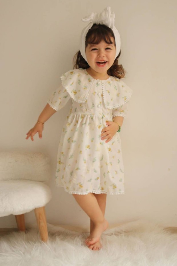 2-8 Yaş Bebe Yaka Desenli Yeşil Elbise