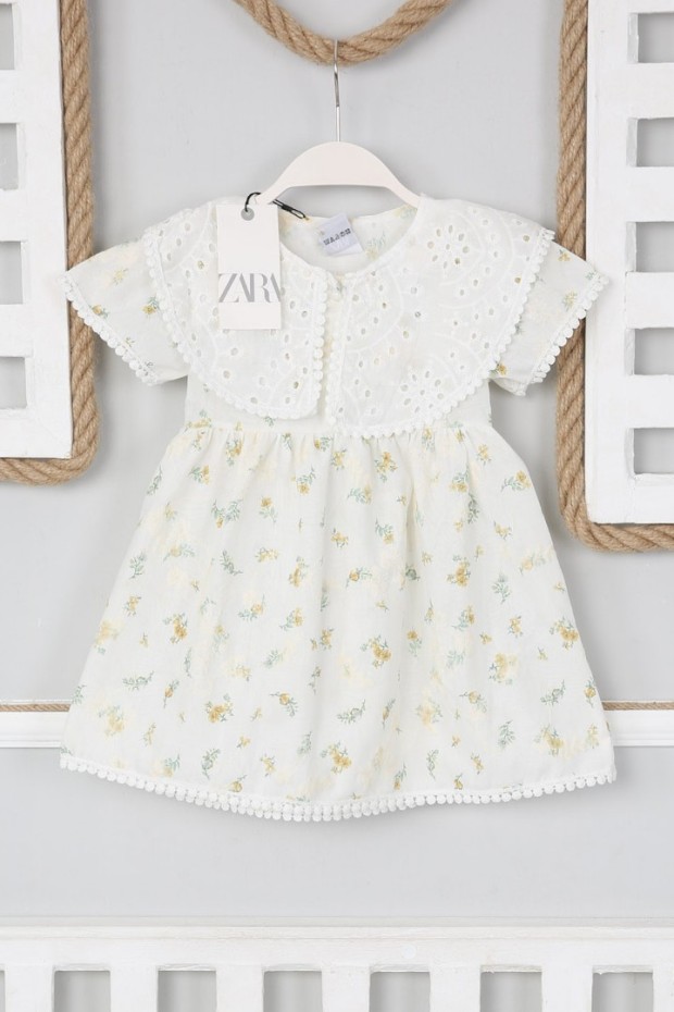 2-8 Yaş Bebe Yaka Desenli Yeşil Elbise