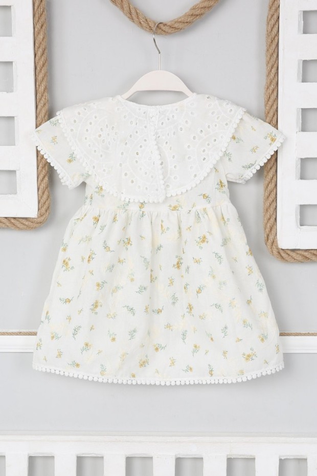 2-8 Yaş Bebe Yaka Desenli Yeşil Elbise