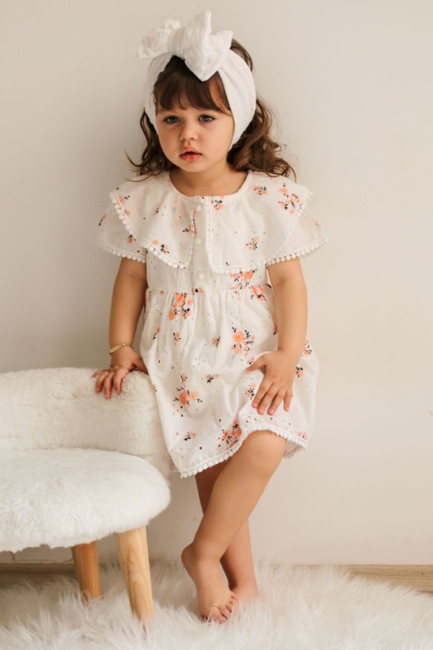 2-8 Yaş Bebe Yaka Düğmeli Pudra Elbise