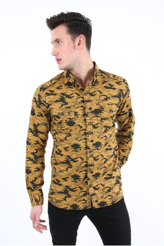  Likralı Kamuflaj Desenli Sarı Gömlek
