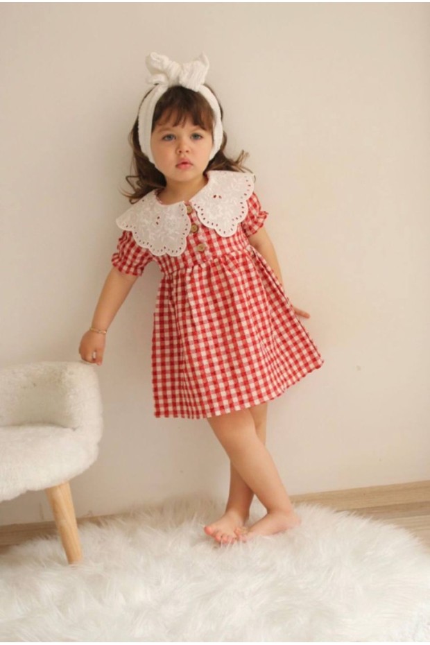 Bebe Yaka Kısa Kol Kırmızı Elbise