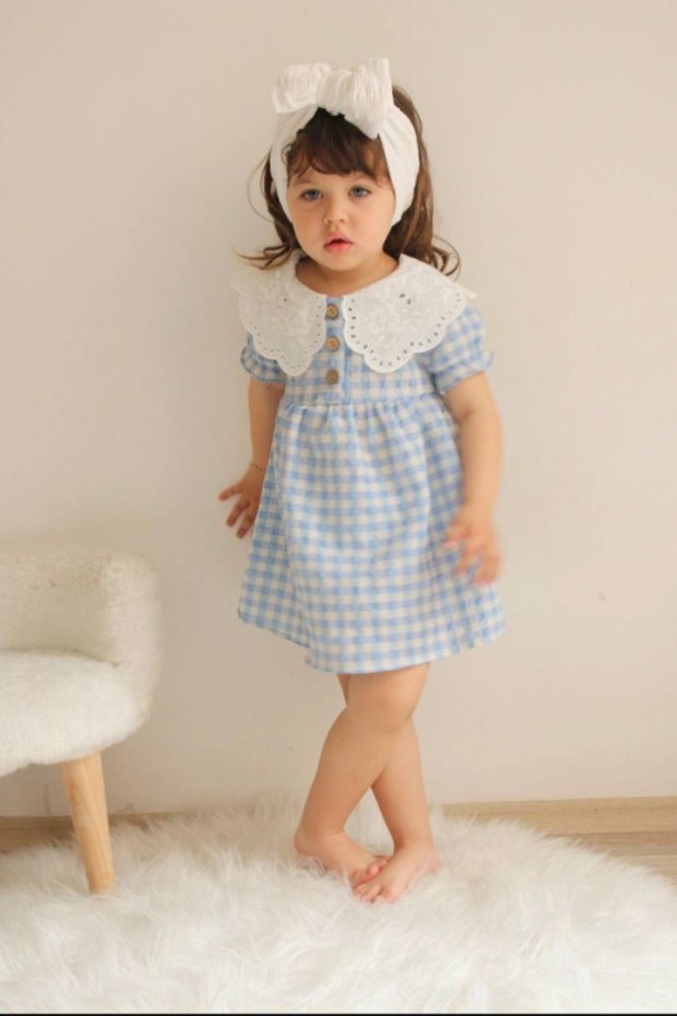 Bebe Yaka Kısa Kol Mavi Elbise