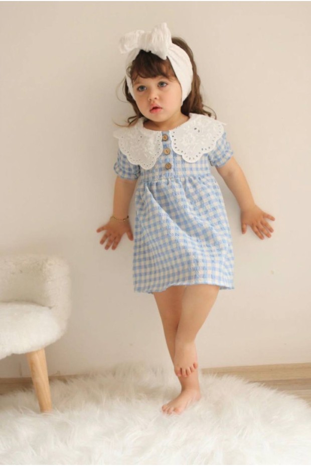 Bebe Yaka Kısa Kol Mavi Elbise